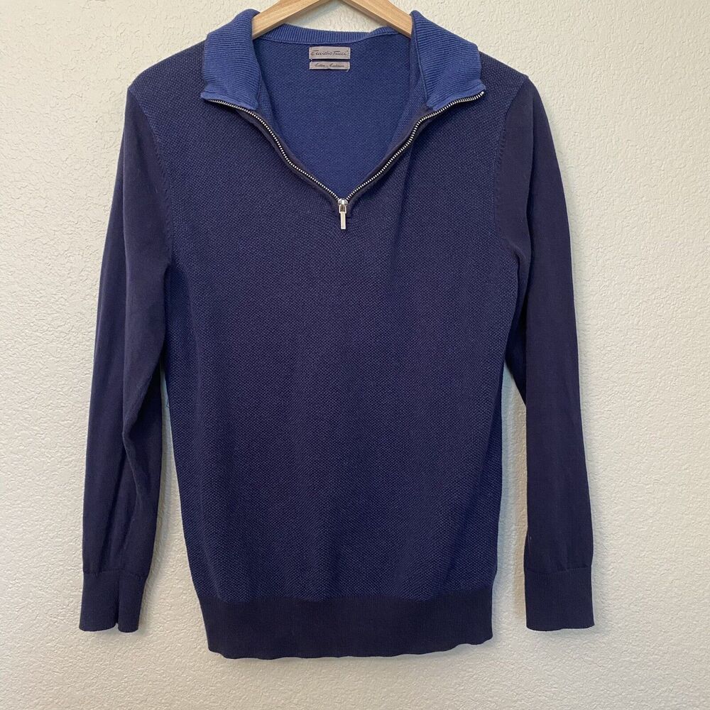 Emidio Tucci 1/4 Zip Navy Blue Sweater Wool Blend Size 3 EUC